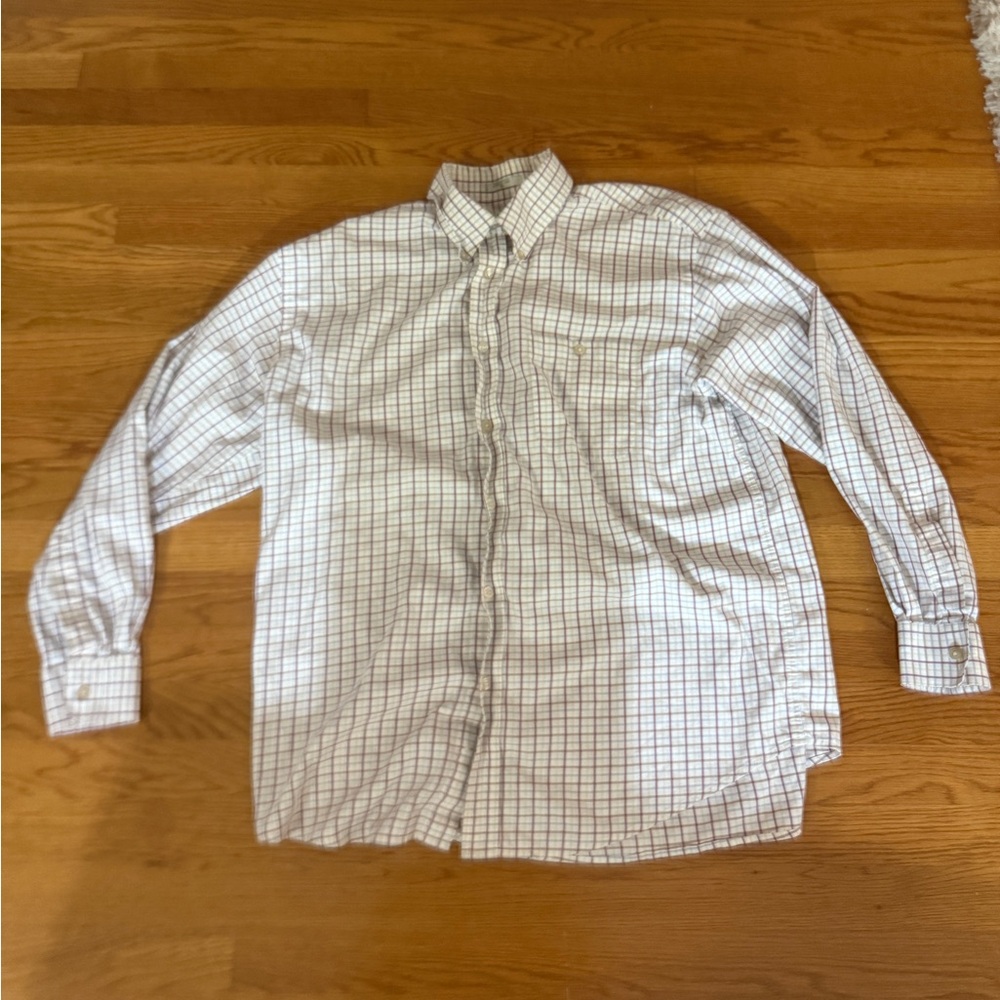 Orvis Button Up White Blue Red brown Stripe Size XLarge Cotton Long SLEEVE